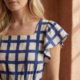 White-Blue Checks Block Print Cotton Open-Back Fit and Flare Knee Length Dress