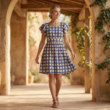 White-Blue Checks Block Print Cotton Open-Back Fit and Flare Knee Length Dress