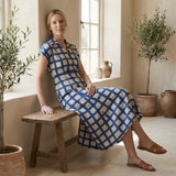 White-Blue Checks Block Print Cotton Paneled A-Line Midi Dress
