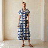 White-Blue Checks Block Print Cotton Paneled A-Line Midi Dress