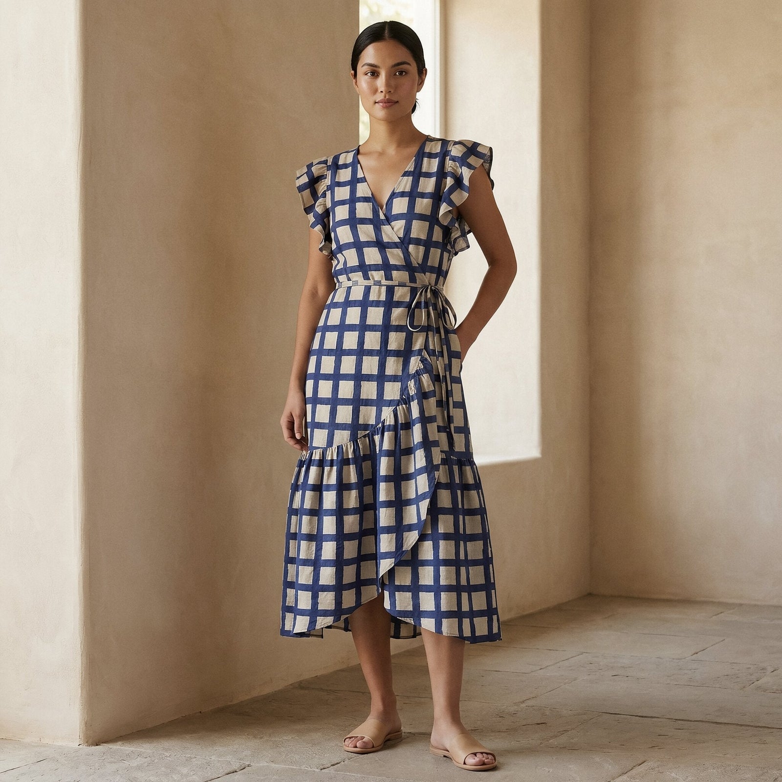 White-Blue Checks Block Print Cotton Ruffle Midi Wrap Dress Custom Size (Free) / Petite (5'1