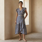 White-Blue Checks Block Print Cotton Ruffle Midi Wrap Dress