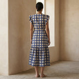 White-Blue Checks Block Print Cotton Ruffle Midi Wrap Dress