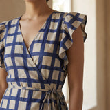 White-Blue Checks Block Print Cotton Ruffle Midi Wrap Dress