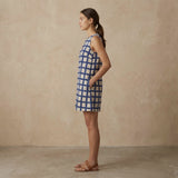 White-Blue Checks Block Print Cotton Sleeveless A-Line Short Shift Dress