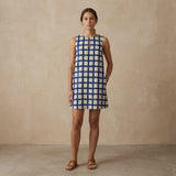 White-Blue Checks Block Print Cotton Sleeveless A-Line Short Shift Dress