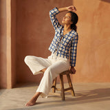 White-Blue Checks Block Print Cotton Tie-Front Blouse