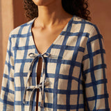 White-Blue Checks Block Print Cotton Tie-Front Blouse