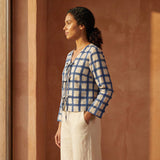 White-Blue Checks Block Print Cotton Tie-Front Blouse