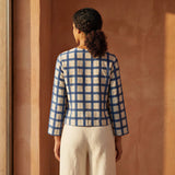 White-Blue Checks Block Print Cotton Tie-Front Blouse