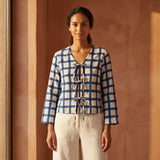 White-Blue Checks Block Print Cotton Tie-Front Blouse