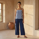 White-Blue Checks Block Printed Cotton Spaghetti Strap Top with Elastic Gathered Back