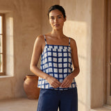 White-Blue Checks Block Printed Cotton Spaghetti Strap Top with Elastic Gathered Back