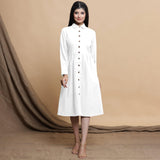 Front View of a Model wearing White Button Down Cotton Flax Knee Length Formal Dress