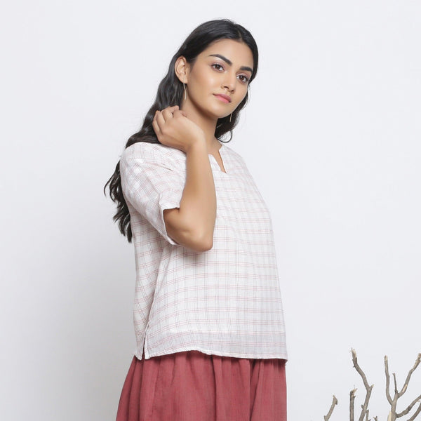 White Checks 100% Cotton Muslin Split Neck A-Line Top