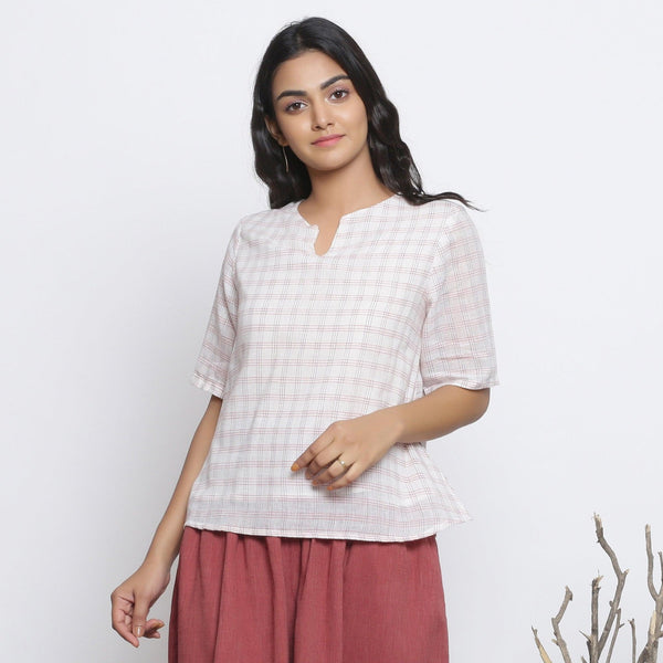 White Checks 100% Cotton Muslin Split Neck A-Line Top