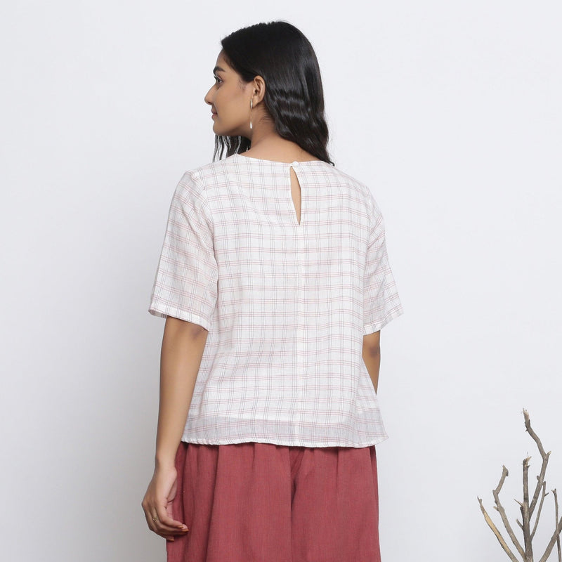 White Checks 100% Cotton Muslin Split Neck A-Line Top