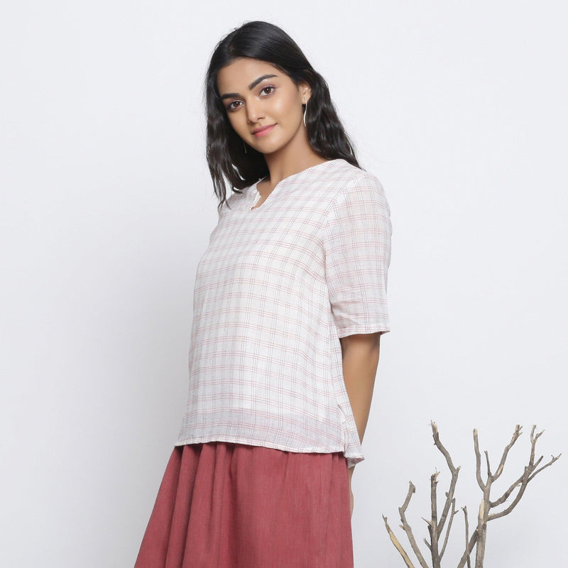 White Checks 100% Cotton Muslin Split Neck A-Line Top