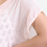 Front Detail of a Model wearing White Checks Hand Beaded Cotton Midi Gathered Dress