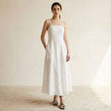 White Cotton Ankle Length Flared Sundress