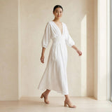White Cotton Deep-V Neck Empire Waist Maxi Dress