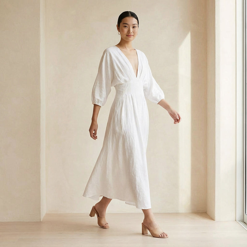 White Cotton Deep-V Neck Empire Waist Maxi Dress 46
