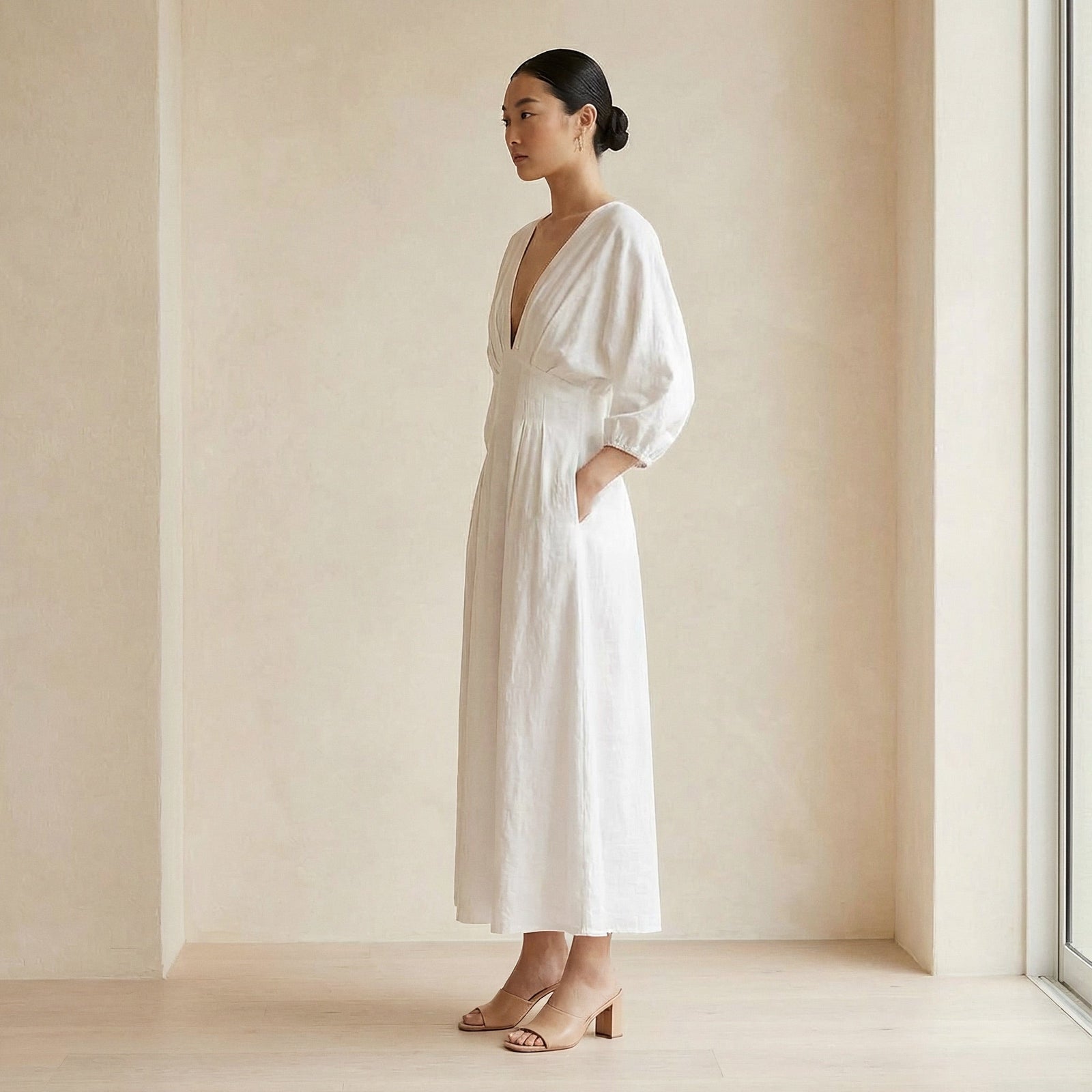 cotton empire waist dress White Deep-V Neck Maxi 46