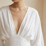 White Cotton Deep-V Neck Empire Waist Maxi Dress