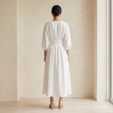 White Cotton Deep-V Neck Empire Waist Maxi Dress