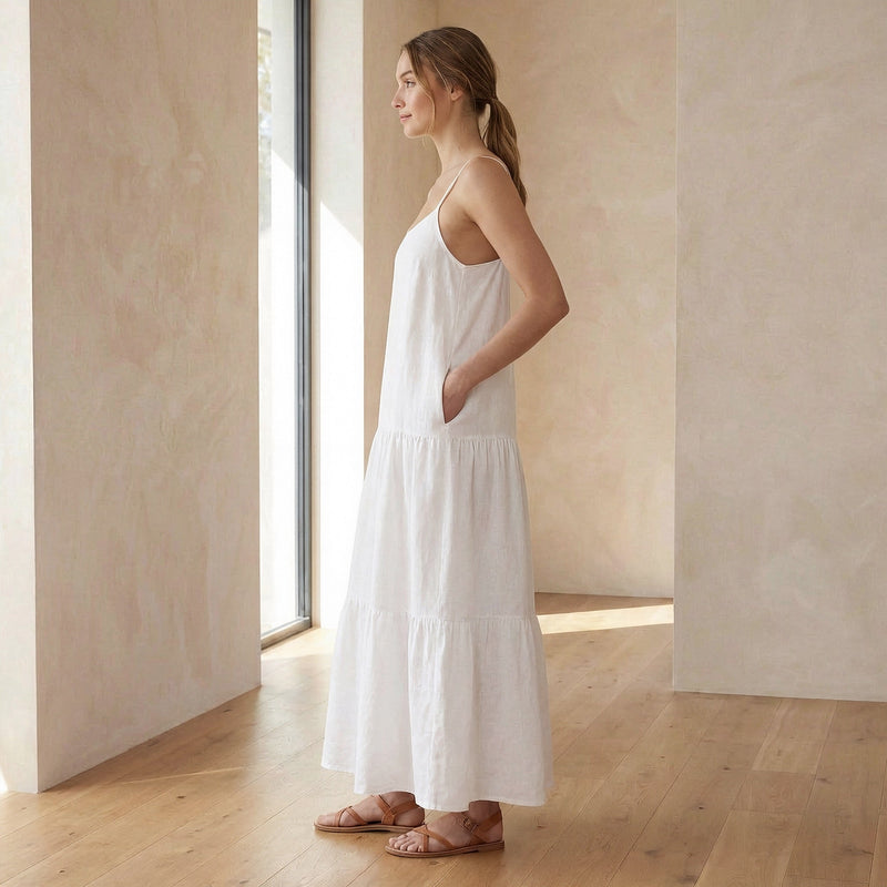 White Cotton Drop-Waist Camisole Maxi Tier Dress Custom Size (Free) / Regular (5'2