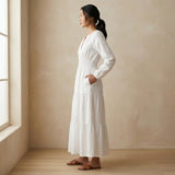 White Cotton Fit and Flare Maxi Tier Dress