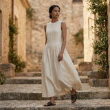 White Cotton Flannel Sleeveless Paneled Maxi Dress