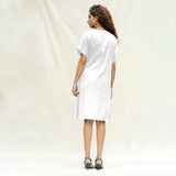 White Cotton Flax A-Line Knee Length Wrap Dress