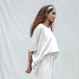 White Cotton Flax Boat Neck Short Kaftan Top