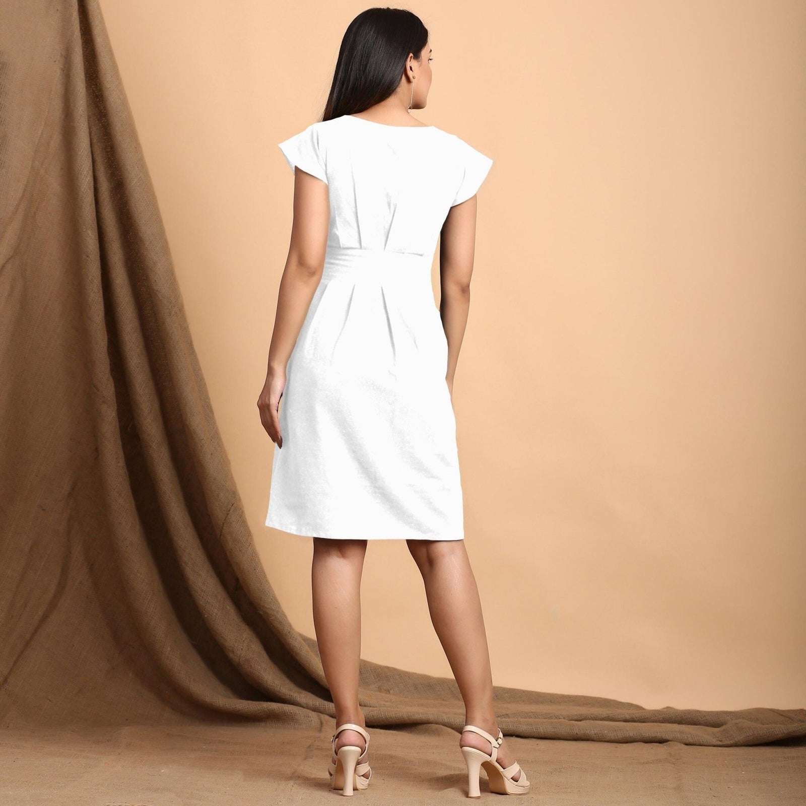 pleated short sleeve dress White Cotton Flax Cap Sleeves Pleated Short Dress 64