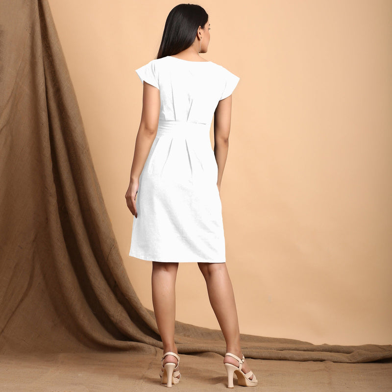 White Cotton Flax Cap Sleeves Pleated Short Dress