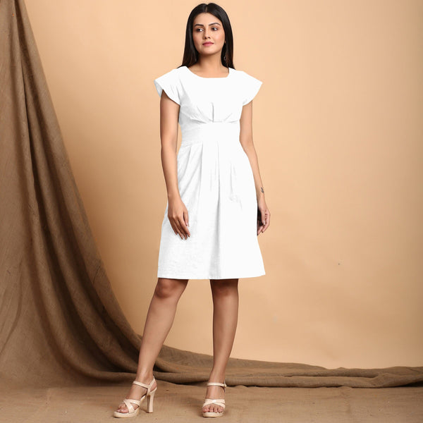 White Cotton Flax Cap Sleeves Pleated Short Dress