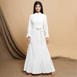 White Cotton Flax Crew Neck Floor Length Tier Dress