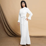 White Cotton Flax Crew Neck Floor Length Tier Dress