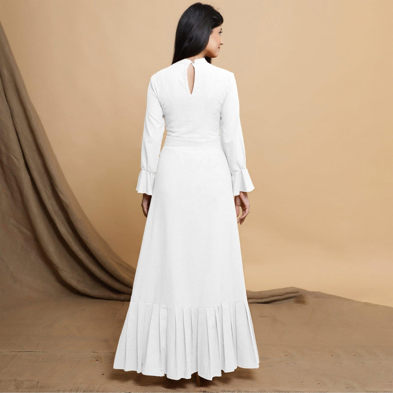 White Cotton Flax Crew Neck Floor Length Tier Dress