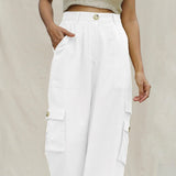 White Cotton Flax Elasticated High-Rise Cargo Pant