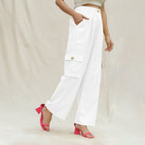 White Cotton Flax Elasticated High-Rise Cargo Pant