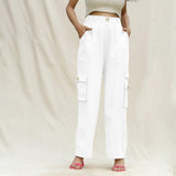 White Cotton Flax Elasticated High-Rise Cargo Pant