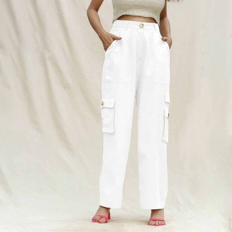 White Cotton Flax Elasticated High-Rise Cargo Pant