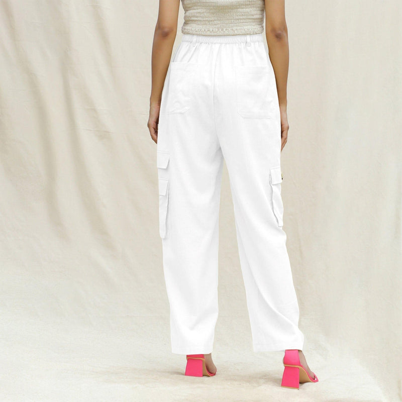 White Cotton Flax Elasticated High-Rise Cargo Pant