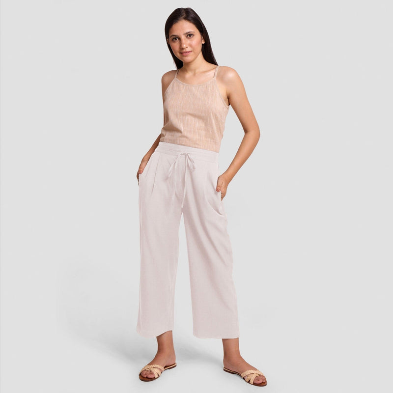 Front View of a Model wearing White Cotton Flax Wide Legged Pant