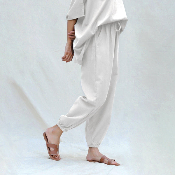 White Cotton Flax High-Rise Elasticated Jogger Pant