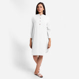 Front View of a Model wearing White Cotton Flax Shirt Dress