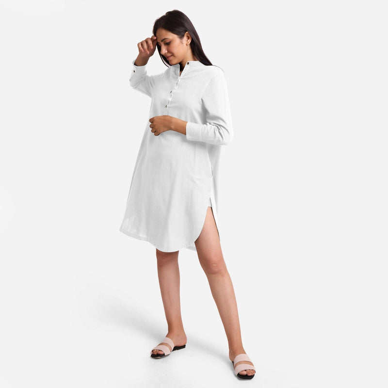 White Cotton Flax Knee Length Shirt Dress 40" / Regular (5'2" - 5'6") White Cotton Flax Knee Length Shirt Dress 40" / Regular (5'2" - 5'6")