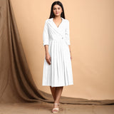 White Cotton Flax Notched Collar Midi Pleated Wrap Dress